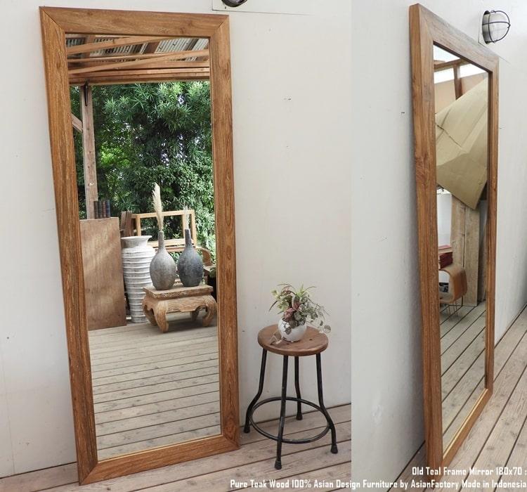 オールドチーク材のミラー 180cm×70cm 姿見鏡 NA ナチュラル 無垢材フレーム 古材 ハンドメイド1枚目の画像